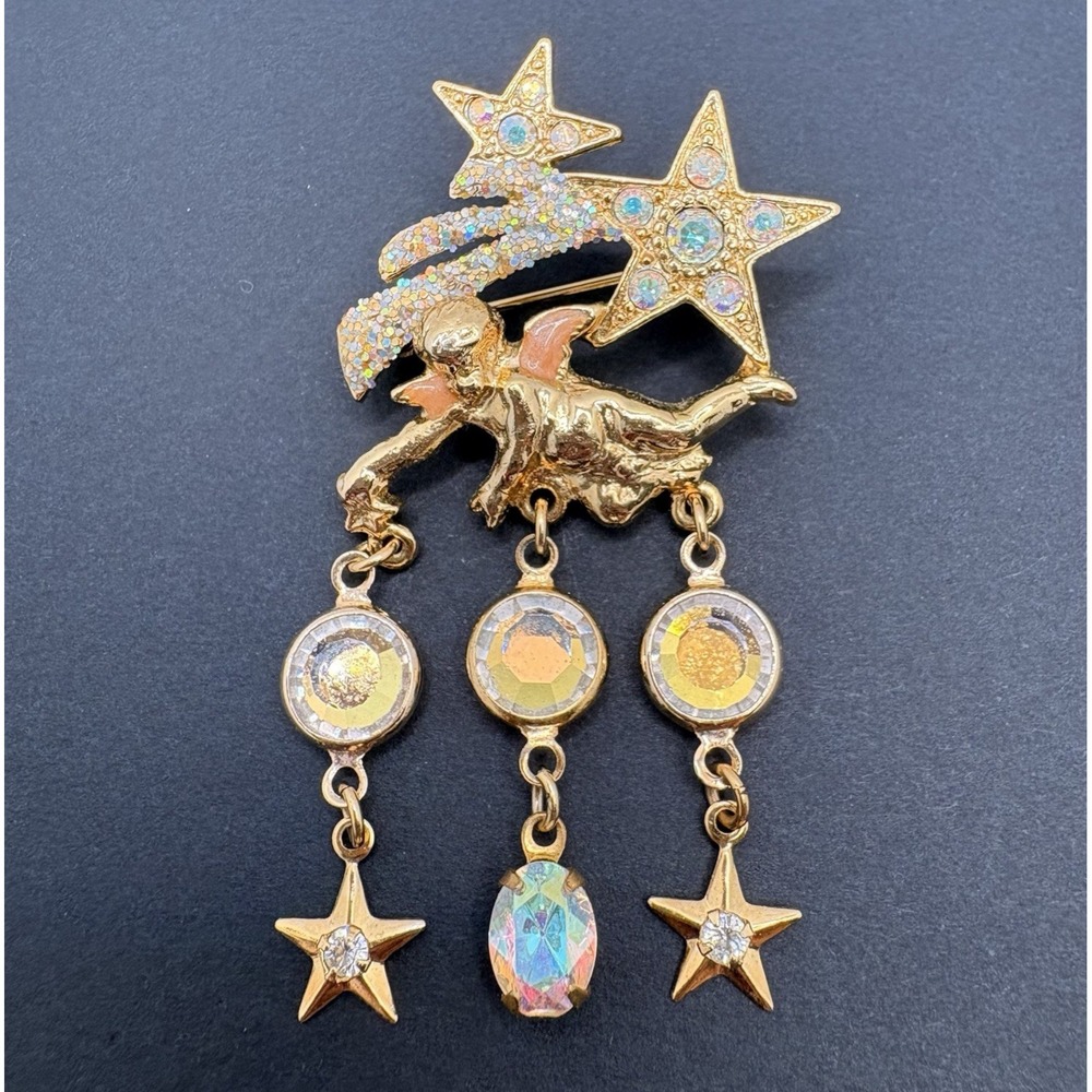 Vintage Kirks Folly Angel Brooch Stars Aurora Borealis Crystal Dangles Celestial